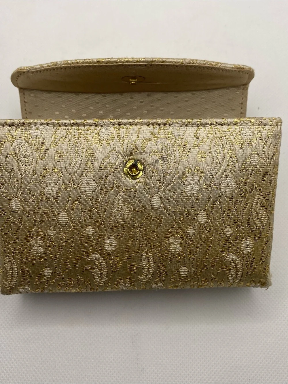Vintage Gold Brocade Vanity Purse Evening Bag Built In Mirror Mid Century